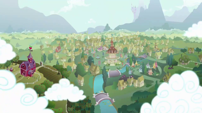 Size: 1280x720 | Tagged: background, canterlot castle, carousel boutique, cloud, cloudy, derpibooru import, no pony, ponyville, ponyville schoolhouse, ponyville town hall, safe, screencap, sugarcube corner, sweet apple acres, sweet apple acres barn, tents, water fountain, windmill