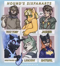 Size: 1080x1180 | Tagged: safe, artist:sugarr.hound, derpibooru import, applejack, nightmare moon, alicorn, anthro, earth pony, human, pony, wolf, six fanarts, anthro with ponies, axe, batgirl, beastars, bust, clothes, colored hooves, costume, crossover, dc comics, ethereal mane, fangs, female, goggles, helmet, hoof shoes, jaskier, legosi (beastars), looking back, male, mare, mask, out of frame, question mark, slenderman, starry mane, ticci-toby, weapon, witcher