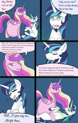 Size: 2400x3800 | Tagged: safe, artist:chelseawest, derpibooru import, princess cadance, shining armor, alicorn, unicorn, bags under eyes, beard, bedroom eyes, belly, big belly, comic, couple, cute, ethereal mane, ethereal tail, eye contact, facial hair, female, grey hair, huge belly, husband and wife, hyper, hyper belly, hyper pregnancy, impossibly large belly, kicking, laying on ground, looking at each other, lying, lying down, male, married couple, married couples doing married things, multiple pregnancy, older, on top, pregdance, pregnant, shiningcadance, shipping, sigh, signature, sitting, speech, speech bubble, straddling, straight, sweat, talking, worried