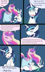 Size: 2400x3800 | Tagged: safe, alternate version, artist:chelseawest, derpibooru import, princess cadance, shining armor, alicorn, unicorn, bags under eyes, beard, bedroom eyes, belly, big belly, blushing, clothes, comic, couple, cute, dress, ethereal mane, ethereal tail, eye contact, facial hair, female, grey hair, huge belly, husband and wife, hyper, hyper belly, hyper pregnancy, impossibly large belly, kicking, laying on ground, looking at each other, lying, lying down, male, married couple, married couples doing married things, maternity dress, multiple pregnancy, older, on top, pregdance, pregnant, shiningcadance, shipping, sigh, signature, sitting, speech, speech bubble, straddling, straight, sweat, talking, worried