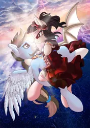 Size: 848x1200 | Tagged: suggestive, artist:manifest harmony, derpibooru import, oc, oc:scarlett marmalade, bat pony, pegasus, fanfic:clocktower society, bdsm, boop, clothes, collar, dress, heart eyes, heart nostrils, leash, looking at each other, noseboop, wingding eyes