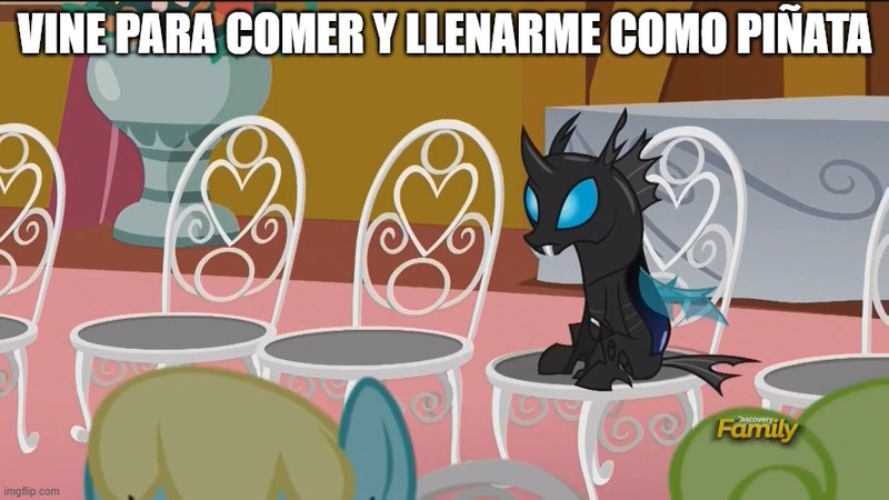 Size: 888x499 | Tagged: caption, chair, changeling, daisy, derpibooru import, eating, edit, edited screencap, flower wishes, image macro, kevin (changeling), meme, safe, sassaflash, screencap, sitting, slice of life (episode), solo focus, spanish, text