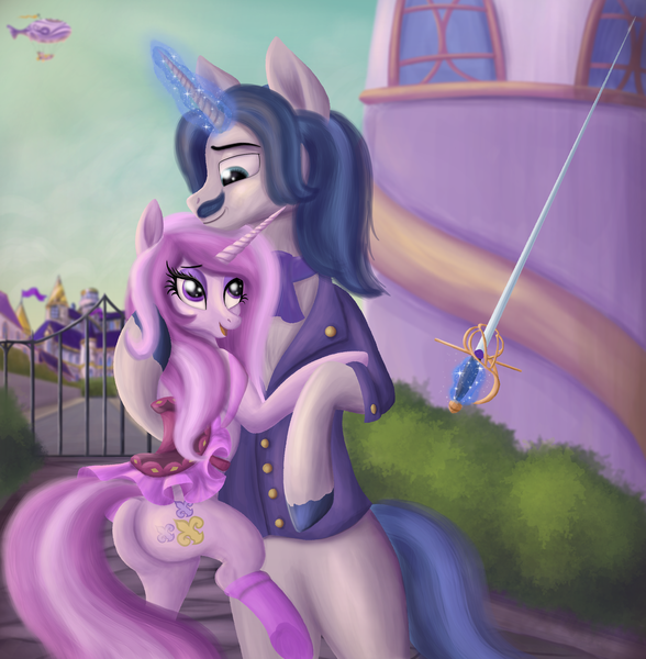 Size: 2848x2905 | Tagged: safe, artist:greenbrothersart, derpibooru import, fancypants, fleur-de-lis, pony, unicorn, airship, bipedal, butt, canterlot, fancyfleur, female, glowing horn, horn, hug, looking at each other, magic, male, plot, rapier, saddle, shipping, smiling, straight, sword, tack, telekinesis, weapon