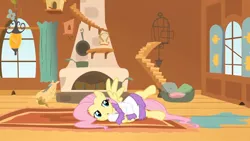 Size: 1280x720 | Tagged: safe, derpibooru import, screencap, fluttershy, pony, hurricane fluttershy, bathrobe, clothes, fluttershy's cottage, robe, solo