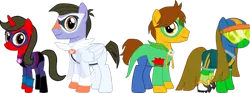 Size: 1920x711 | Tagged: artist:shadymeadow, derpibooru import, oc, oc:dancing fan, oc:fried egg, oc:graceful pic, oc:green goal, rule 63, safe, simple background, superhero costume, transparent background, unofficial characters only