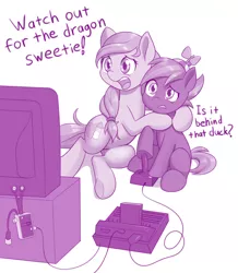 Size: 1114x1280 | Tagged: safe, artist:dstears, derpibooru import, button mash, oc, oc:cream heart, earth pony, pony, adventure (atari game), atari 2600, atg 2020, colt, controller, duo, female, hat, hug, joystick, male, mare, monochrome, mother and child, mother and son, mothers gonna mother, newbie artist training grounds, propeller hat, purple, simple background, television, video game, white background