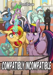 Size: 722x1024 | Tagged: safe, artist:inuhoshi-to-darkpen, derpibooru import, spike, sunset shimmer, twilight sparkle, twilight sparkle (alicorn), oc, oc:kukri, oc:storm kicker, oc:strumming heartstrings, alicorn, changeling, dragon, pegasus, pony, unicorn, fanfic, winningverse, blushing, dragons riding ponies, facehoof, fanfic art, fanfic cover, giggling, implied lesbian, implied shipping, implied sunsetsparkle, levitation, magic, one eye closed, open mouth, riding, smiling, telekinesis, tongue out