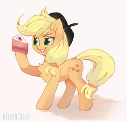 Size: 2158x2082 | Tagged: safe, artist:melloncollie-chan, derpibooru import, applejack, earth pony, pony, how applejack got her hat back, my little pony: pony life, spoiler:pony life s01e04, applejack's hat, cake, cowboy hat, female, food, g4.5 to g4, green eyes, hat, le jack, open mouth, redraw, simple background, solo, white background