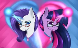 Size: 3454x2160 | Tagged: safe, artist:renarde-louve, derpibooru import, rarity, twilight sparkle, pony, unicorn, cutie mark pendant, female, glasses, glowing horn, head only, heart, horn, jewelry, lesbian, necklace, pendant, rarilight, rarity's glasses, shipping