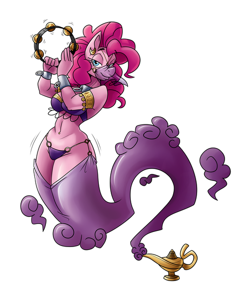 Size: 3940x4800 | Tagged: suggestive, artist:spiderweber, derpibooru import, pinkie pie, anthro, earth pony, genie, belly dancer, breasts, djinn, geniefied, harem outfit, hips, lamp, loincloth, musical instrument, solo, tambourine, wide hips