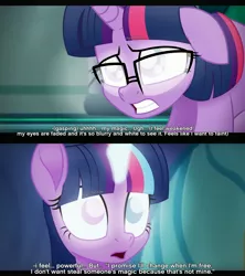 Size: 3120x3510 | Tagged: safe, artist:aryatheeditor, derpibooru import, sci-twi, twilight sparkle, twilight sparkle (alicorn), alicorn, unicorn, equestria girls, canterlot castle, comic, faded, gasping, glasses, glow, glowing eyes, glowing horn, heterochromia, horn, midnight sparkle, movie reference, powerful sparkle, subtitles, twolight