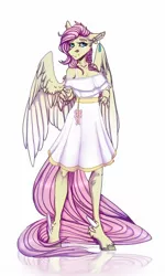 Size: 1024x1704 | Tagged: anthro, artist:heroin-burn, bra, braid, bra strap, clothes, cutie mark accessory, derpibooru import, dress, ear piercing, earring, feathered fetlocks, fluttershy, jewelry, long tail, piercing, safe, signature, underwear, unguligrade anthro