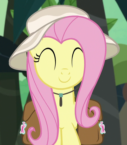 Size: 689x783 | Tagged: bag, cropped, cute, daring doubt, derpibooru import, eyes closed, fluttershy, happy, hat, saddle bag, safe, screencap, shyabetes, solo