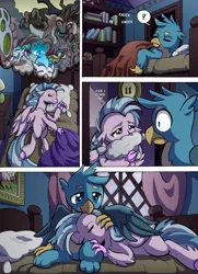 Size: 900x1243 | Tagged: safe, artist:tarkron, derpibooru import, gallus, silverstream, storm king, classical hippogriff, gryphon, hippogriff, yeti, my little pony: the movie, bed, comforting, comic, commission, crying, cute, daaaaaaaaaaaw, female, friendshipping, gallstream, hand on head, holding head, hug, knocking, lidded eyes, looking at each other, male, mount aris, nightmare, petting, pillow, pillow hug, question mark, shipping, sleeping, straight