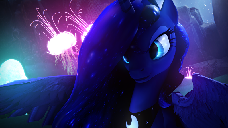 Size: 3840x2160 | Tagged: safe, artist:bckiwi, artist:lunar57, derpibooru import, princess luna, alicorn, pony, 3d, beautiful, collaboration, dream, dream walker luna, female, flower, glowing flower, horn, looking at something, moonlight, pretty, solo, source filmmaker, spread wings, wallpaper, wings