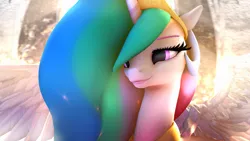 Size: 3840x2159 | Tagged: safe, artist:lunar57, derpibooru import, princess celestia, alicorn, pony, 3d, beautiful, bust, canterlot, cute, cutelestia, dust motes, female, floppy ears, horn, lidded eyes, light, looking at something, mare, no catchlights, portrait, pretty, smiling, solo, source filmmaker, spread wings, sunlight, uhd wallpaper, wallpaper, wing fluff, wings