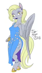 Size: 866x1500 | Tagged: anklet, anthro, artist:sepiakeys, clothes, clutch, cross-eyed, cutout, derpibooru import, derpy hooves, dress, ear piercing, earring, fancy dress, female, grand galloping gala, horseshoes, jewelry, makeup, pegasus, piercing, safe, solo, styled hair, unguligrade anthro