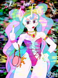 Size: 1123x1500 | Tagged: suggestive, artist:sepiakeys, derpibooru import, princess celestia, alicorn, anthro, armband, belly button, breasts, busty princess celestia, cleavage, clothes, corset, female, hair bun, hand on hip, jewelry, lights, makeup, middle finger, pigtails, purse, revealing clothing, solo, solo female, tiara, twintails, upset, vulgar, wingless