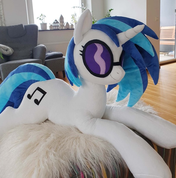 Size: 1496x1508 | Tagged: safe, artist:epicrainbowcrafts, derpibooru import, vinyl scratch, original species, plush pony, pony, furniture, house, irl, life size, photo, plushie, prone, realistic, solo, toy, window