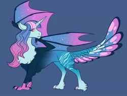 Size: 1024x768 | Tagged: artist:loryska, blue background, derpibooru import, ethereal mane, ethereal wings, hybrid, interspecies offspring, oc, offspring, parent:discord, parent:princess celestia, parents:dislestia, safe, simple background, solo, unofficial characters only, wings