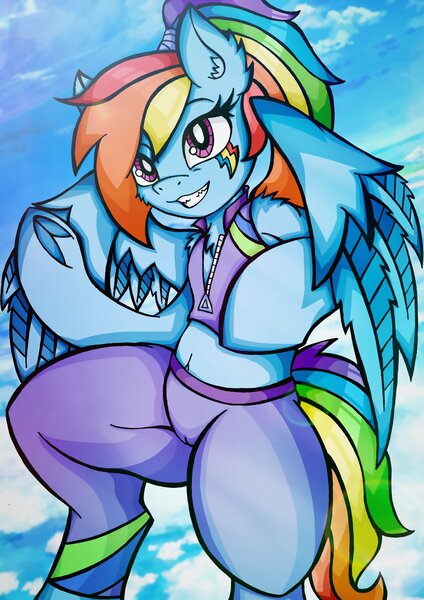 Size: 1448x2048 | Tagged: questionable, artist:canvymamamoo, derpibooru import, rainbow dash, pegasus, pony, alternate hairstyle, alternative cutie mark placement, belly button, buckball fan gear rainbow dash, cameltoe, chest fluff, clothes, cloud, ear fluff, facial cutie mark, female, frog (hoof), grin, jacket, mare, pants, ponytail, smiling, solo, solo female, spread wings, sunshine, sweatpants, underhoof, wings