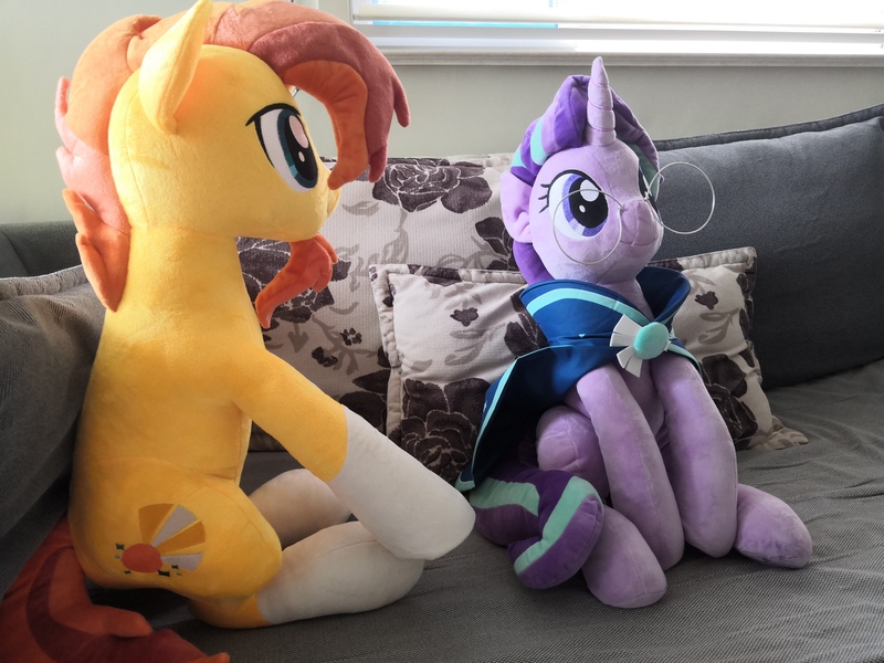 Size: 4608x3456 | Tagged: safe, artist:nekokevin, derpibooru import, starlight glimmer, sunburst, cloak, clothes, female, glasses, irl, male, photo, plushie, shipping, sitting, starburst, starlight wearing sunburst's robe, straight