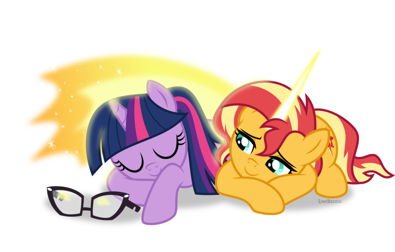 Size: 5300x3388 | Tagged: safe, artist:limedazzle, derpibooru import, sci-twi, sunset shimmer, twilight sparkle, ponified, pony, unicorn, equestria girls, absurd resolution, daydream shimmer, equestria girls ponified, female, hug, lesbian, magic, prone, scitwishimmer, shipping, simple background, sleeping, sunglasses, sunsetsparkle, transparent background, unicorn sci-twi, winghug