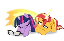 Size: 5300x3388 | Tagged: safe, artist:limedazzle, derpibooru import, sci-twi, sunset shimmer, twilight sparkle, ponified, pony, unicorn, equestria girls, absurd resolution, daydream shimmer, equestria girls ponified, female, hug, lesbian, magic, prone, scitwishimmer, shipping, simple background, sleeping, sunglasses, sunsetsparkle, transparent background, unicorn sci-twi, winghug