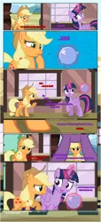 Size: 1919x4225 | Tagged: safe, artist:estories, derpibooru import, applejack, twilight sparkle, twilight sparkle (alicorn), alicorn, earth pony, pony, comic:a(pple)ffection, applejack's hat, comic, communication orb, cowboy hat, floppy ears, framed by legs, hat, magic, show accurate, telekinesis, train station