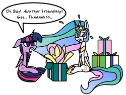 Size: 858x650 | Tagged: safe, artist:rainbowbacon, derpibooru import, fluttershy, princess celestia, twilight sparkle, twilight sparkle (alicorn), alicorn, pegasus, pony, boxes, present, sarcasm