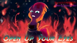 Size: 1334x750 | Tagged: safe, artist:cadetredshirt, derpibooru import, tempest shadow, pony, unicorn, digital art, fire, open up your eyes, simple background, solo, thumbnail