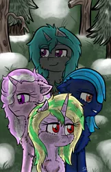 Size: 1438x2222 | Tagged: safe, artist:shinycyan, derpibooru import, oc, pony, unicorn, fallout equestria, fanfic:fallout equestria: mercenary tale, commission, cover art, dirt, fanfic art, forest, group, red eyes, snow, unsure