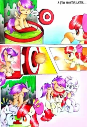 Size: 2219x3207 | Tagged: safe, artist:liaaqila, derpibooru import, apple bloom, scootaloo, sweetie belle, comic:fly high scoots, adorabloom, comic, cute, cutealoo, cutie mark crusaders, diasweetes, dunk tank, flying, group hug, hug, scootaloo can fly, scootalove, silly face, slime, teasing, tongue out