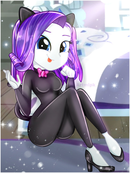 Size: 1800x2392 | Tagged: safe, artist:artmlpk, derpibooru import, rarity, equestria girls, adorable face, adorasexy, adorkable, alternate hairstyle, animal costume, beautiful, bow, bowtie, breasts, busty rarity, butt, cat costume, cat ears, cat tail, catsuit, clothes, costume, cute, digital art, dork, female, high heels, looking at you, outfit, raribetes, raricat, rearity, sexy, shoes, short hair, sitting, smiling, smiling at you, solo, suit, tongue out, watermark