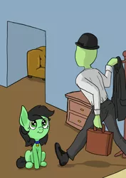 Size: 1000x1414 | Tagged: safe, artist:happy harvey, derpibooru import, edit, oc, oc:anon, oc:anonfilly, unofficial characters only, earth pony, human, pony, briefcase, clothes, coat, coat rack, collar, couch, drawer, drawn on phone, female, filly, hallway, hat, looking up, meme, name tag, pet, pony pet, sitting, walking