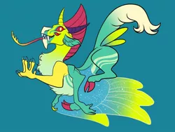 Size: 1024x768 | Tagged: safe, artist:loryska, derpibooru import, oc, unofficial characters only, hybrid, blue background, hybrid wings, interspecies offspring, long tongue, magical gay spawn, multiple eyes, multiple limbs, offspring, parent:discord, parent:thorax, simple background, solo, tongue out, wings