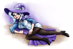 Size: 2400x1600 | Tagged: artist:king-kakapo, blushing, breasts, busty trixie, cape, cleavage, clothes, derpibooru import, hat, human, humanized, open mouth, safe, trixie, trixie's cape, trixie's hat, wand