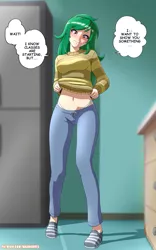 Size: 2557x4092 | Tagged: suggestive, artist:rambon7, derpibooru import, wallflower blush, human, equestria girls, belly button, blushing, breasts, busty wallflower blush, clothes, exhibitionist wallflower, frilly underwear, green underwear, lidded eyes, midriff, panties, pants, patreon, shirt, shirt lift, shoes, solo, sweater, underwear, undressing