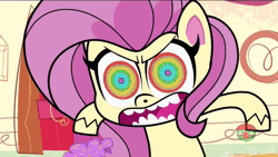 Size: 1200x675 | Tagged: safe, derpibooru import, edit, edited screencap, screencap, fluttershy, pegasus, pony, .mov, shed.mov, cute-pocalypse meow, my little pony: pony life, spoiler:pony life s01e03, angry, animated, cupcake, flutterrage, food, kaa eyes, pony.mov, solo, tablet, treehouse logo