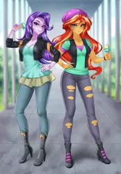 Size: 770x1100 | Tagged: safe, artist:racoonsan, color edit, derpibooru import, edit, editor:drakeyc, starlight glimmer, sunset shimmer, equestria girls, mirror magic, spoiler:eqg specials, anime, beanie, clothes, clothes swap, colored, cute, duo, equestria girls edit, food, hat, ice cream, ice cream cone, skin color edit, that human sure does love ice cream