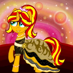 Size: 1200x1200 | Tagged: artist:katya, clothes, crown, derpibooru import, dress, evening, jewelry, regalia, safe, sun, sunset, sunset shimmer