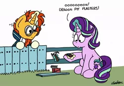 Size: 1024x709 | Tagged: safe, artist:bobthedalek, derpibooru import, starlight glimmer, sunburst, pony, unicorn, atg 2020, bandaid, board game, dragon pit, female, fence, hammer, injured, magic, male, mare, nails, newbie artist training grounds, stallion, telekinesis