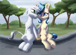 Size: 2500x1800 | Tagged: safe, artist:shido-tara, derpibooru import, oc, oc:blake, oc:ravebounce, unofficial characters only, earth pony, gryphon, pony, commission, earth pony oc, grass, looking at each other, love, sitting, smiling, ych result