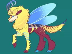 Size: 1024x768 | Tagged: artist:loryska, bee, changeling hybrid, derpibooru import, flash bee, green background, hybrid, insect, interspecies offspring, oc, offspring, parent:thorax, safe, simple background, solo, unofficial characters only