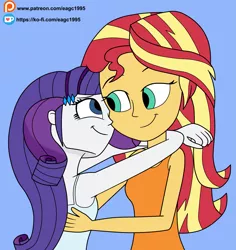 Size: 2769x2937 | Tagged: safe, artist:eagc7, derpibooru import, rarity, sunset shimmer, equestria girls, arms around neck, bedroom eyes, clothes, duo, female, hug, ko-fi, lesbian, patreon, shipping, simple background, sleeveless, sunsarity, tanktop