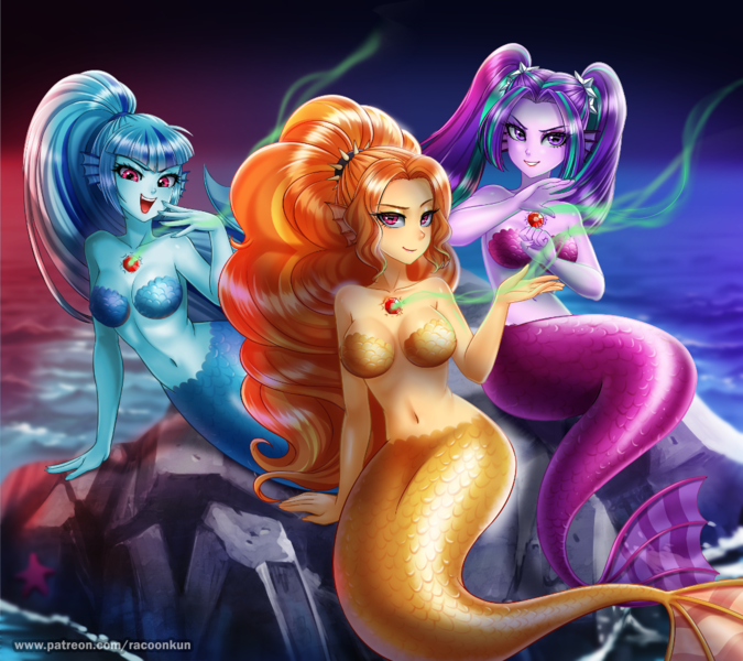 Size: 1125x1000 | Tagged: safe, artist:racoonsan, color edit, derpibooru import, edit, editor:drakeyc, adagio dazzle, aria blaze, sonata dusk, human, mermaid, siren, starfish, equestria girls, adoragio, adorasexy, ariabetes, bare shoulders, belly button, blurred background, breasts, colored, cute, cute little fangs, ear fins, equestria girls edit, eyelashes, eyeshadow, fangs, feeding, female, fish tail, gem, hair tie, lidded eyes, long nails, looking at you, magic, makeup, mermaidized, nail polish, negative energy, noblewoman's laugh, ocean, open mouth, outdoors, patreon, pigtails, ponytail, raised eyebrow, reasonably sized breasts, rock, scales, sexy, siren gem, sirens doing siren things, sitting, skin color edit, smiling, smirk, sonatabetes, species swap, spiked headband, the dazzlings, trio, twintails, water