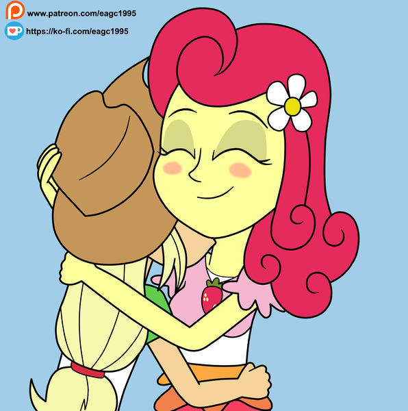 Size: 3000x3021 | Tagged: safe, artist:eagc7, derpibooru import, applejack, strawberry sunrise, equestria girls, applerise, blushing, duo, duo female, eyes closed, female, hat, hug, ko-fi, lesbian, neck kiss, patreon, shipping