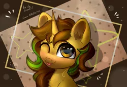 Size: 2307x1600 | Tagged: safe, alternate version, artist:reterica, derpibooru import, oc, oc:awkward dork, unofficial characters only, pony, unicorn, :p, abstract background, chest fluff, femboy, image, jpeg, looking at you, male, one eye closed, smiling, solo, stallion, tongue out, wink
