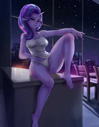 Size: 900x1151 | Tagged: armpits, artist:racoonsan, barefoot, breasts, busty starlight glimmer, clothes, colored, color edit, commission, derpibooru import, edit, editor:drakeyc, equestria girls edit, eyeshadow, feet, female, horn, horned humanization, human, humanized, indoors, legs, looking at you, makeup, midriff, night, panties, pony coloring, shirt, skin color edit, smiling, solo, solo female, starlight glimmer, stupid sexy starlight glimmer, suggestive, table, tanktop, underwear