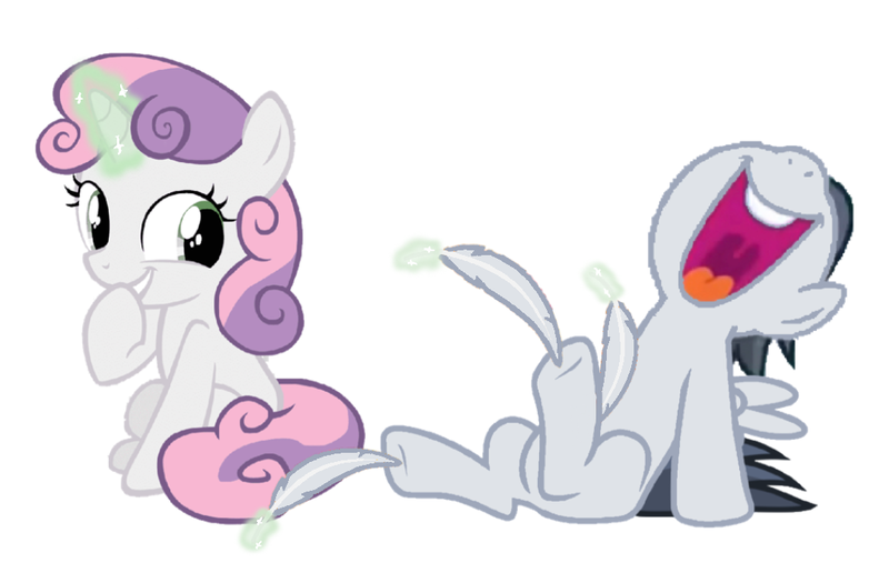 Size: 1080x696 | Tagged: safe, artist:princessdestiny200i, derpibooru import, rumble, sweetie belle, pegasus, pony, unicorn, colt, cute, diasweetes, feather, female, filly, glowing horn, grin, hoof tickling, horn, laughing, levitation, magic, male, open mouth, raised hoof, raised leg, rumbelle, rumblebetes, shipping, simple background, smiling, straight, telekinesis, tickling, volumetric mouth, white background